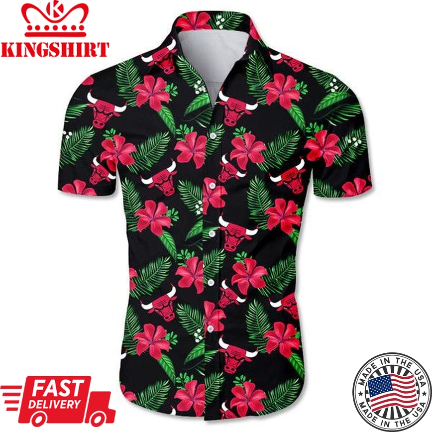 Nba Chicago Bulls Red Hibiscus Flower Green Leaves Trendy Hawaiian Shirt Aloha Shirt