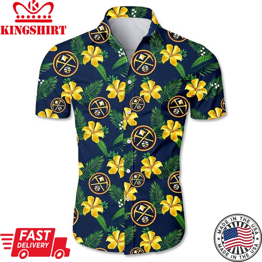 Nba Denver Nuggets Yellow Hibiscus Green Leaves Trendy Hawaiian Shirt Aloha Shirt