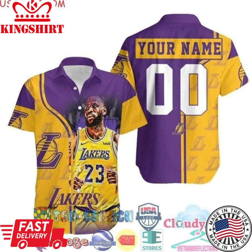 Nba Los Angeles Lakers Custom Name Number Golden Purple Lebron James 23 Trendy Hawaiian Shirt V3 Aloha Shirt