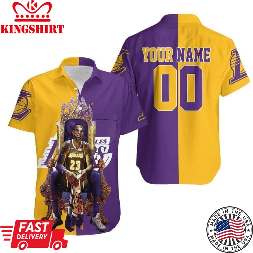 Nba Los Angeles Lakers Custom Name Number Golden Purple Lebron James 23 Trendy Hawaiian Shirt V4 Aloha Shirt