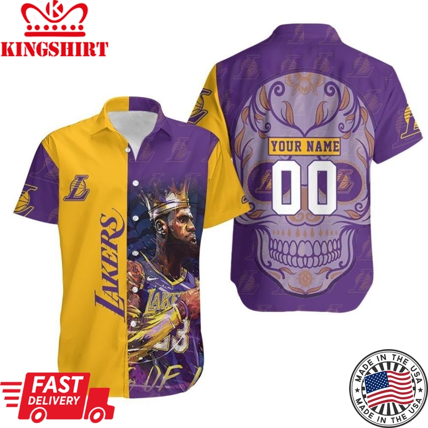 Nba Los Angeles Lakers Custom Name Number Golden Purple Lebron James Western Conference Skull Trendy Hawaiian Shirt Aloha Shirt