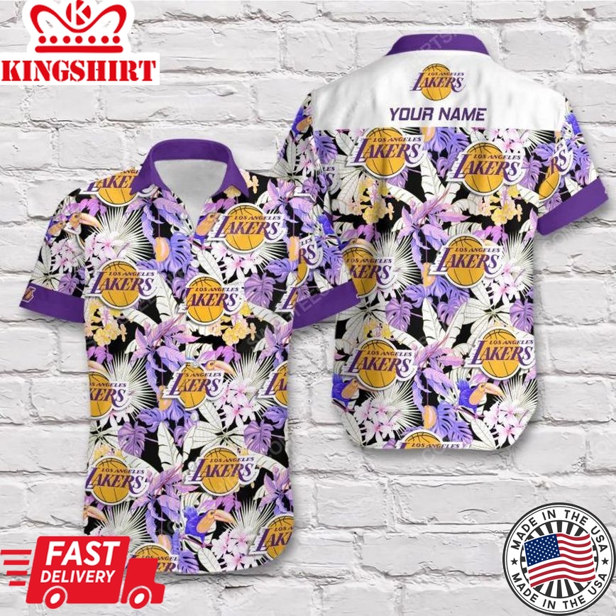 Nba Los Angeles Lakers Custom Name Purple White Tropical Flowers Trendy Hawaiian Shirt Aloha Shirt