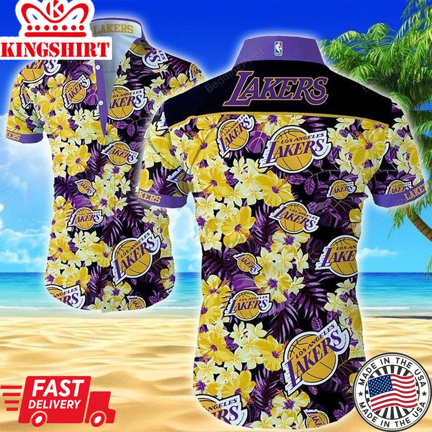 Nba Los Angeles Lakers Golden Flowers Purple Leaves Trendy Hawaiian Shirt Aloha Shirt