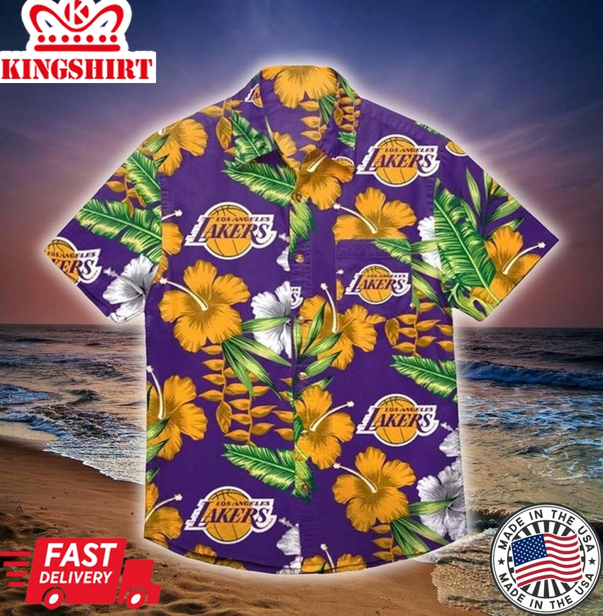 Nba Los Angeles Lakers Golden Hibiscus Green Leaves Trendy Hawaiian Shirt Aloha Shirt