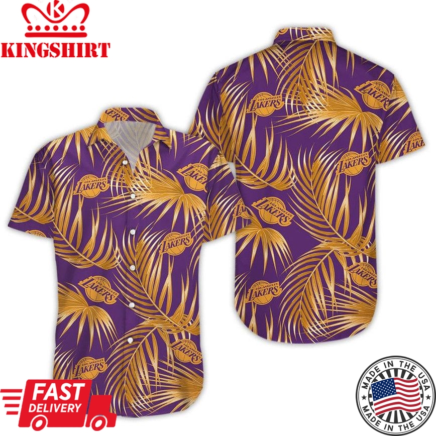 Nba Los Angeles Lakers Golden Leaf Palm Purple Trendy Hawaiian Shirt Aloha Shirt