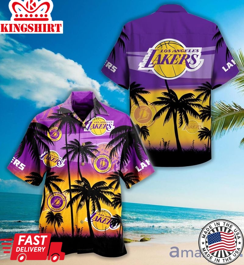 Nba Los Angeles Lakers Purple Golden Palm Beach Trendy Hawaiian Shirt Aloha Shirt