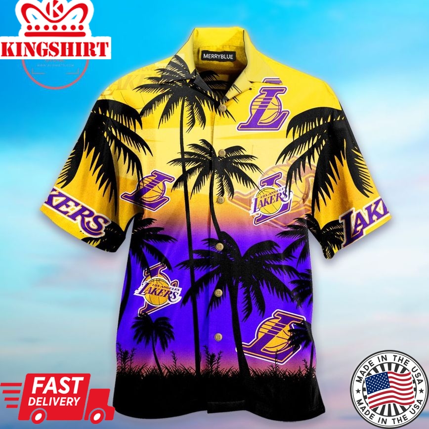 Nba Los Angeles Lakers Purple Golden Palm Beach Trendy Hawaiian Shirt V2 Aloha Shirt