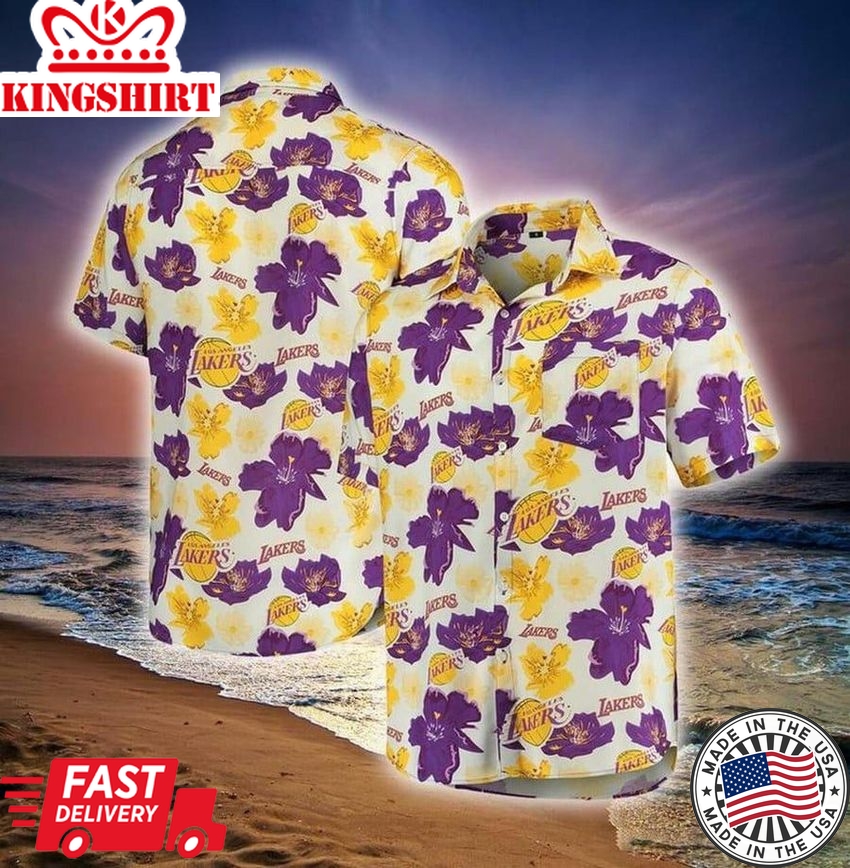 Nba Los Angeles Lakers Purple Golden Tropical Flowers Trendy Hawaiian Shirt Aloha Shirt