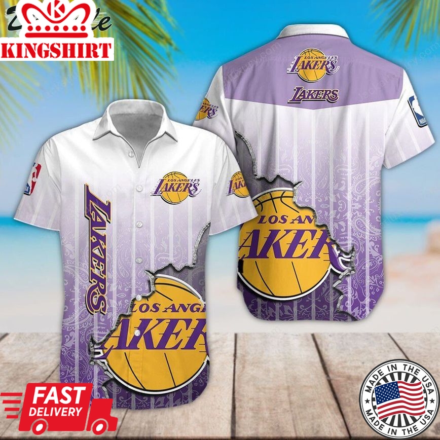 Nba Los Angeles Lakers Purple White Gradient Scratch Trendy Hawaiian Shirt Aloha Shirt