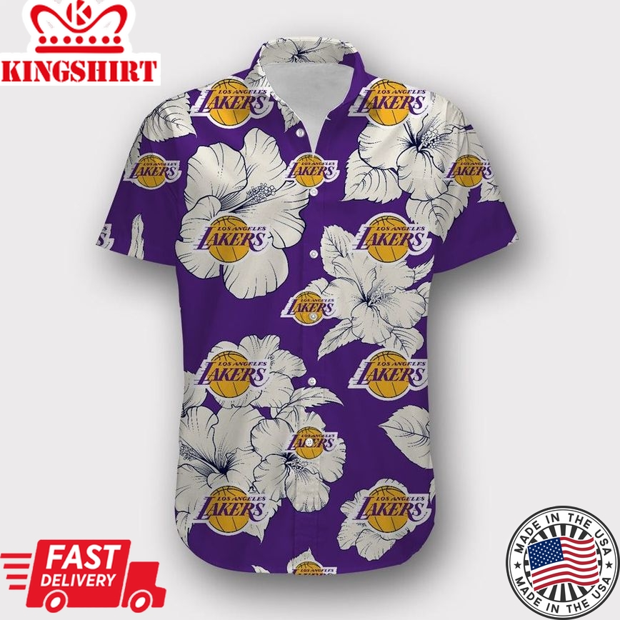 Nba Los Angeles Lakers White Tropical Flowers Purple Trendy Hawaiian Shirt Aloha Shirt