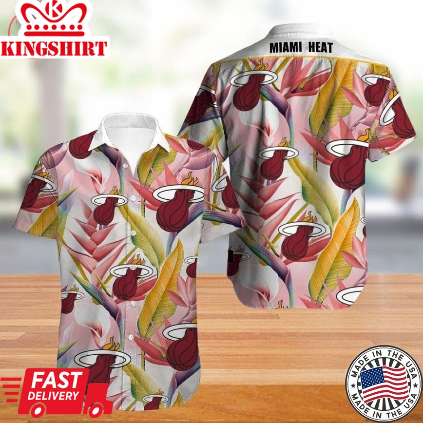 Nba Miami Heat Pink Yellow Tropical Flowers Trendy Hawaiian Shirt Aloha Shirt