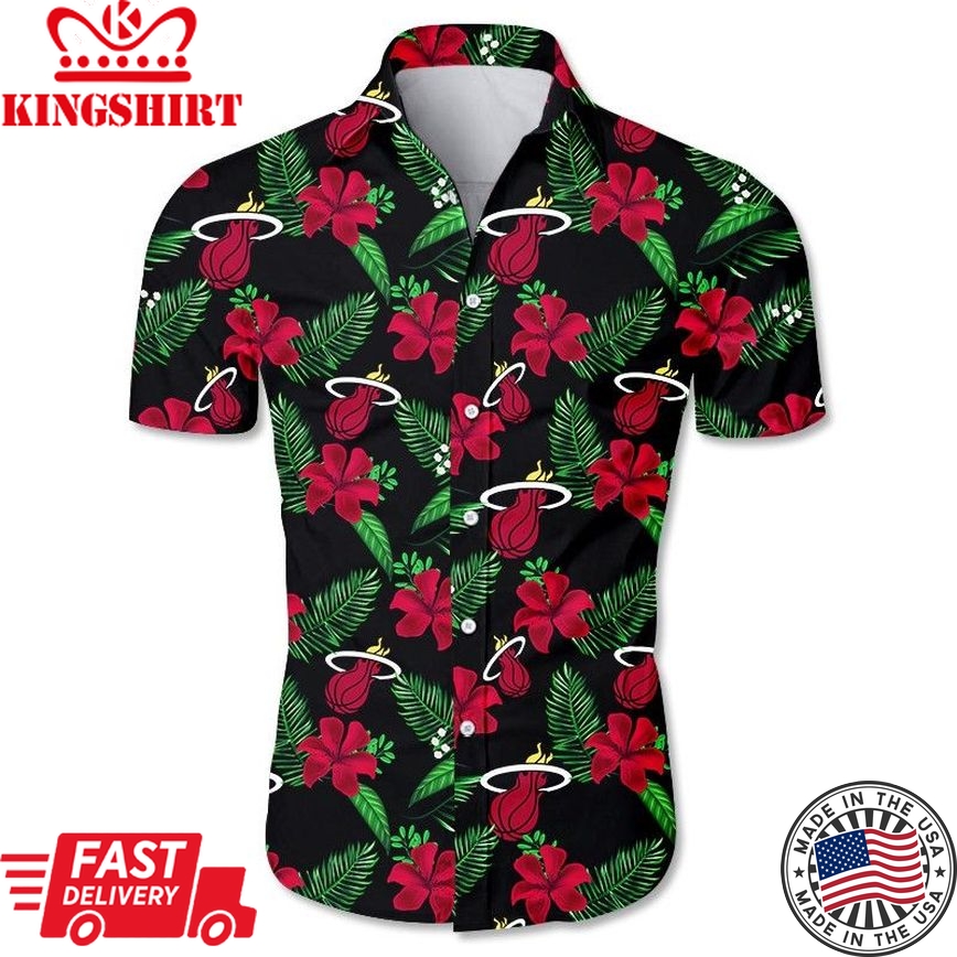 Nba Miami Heat Red Black Hibiscus Trendy Hawaiian Shirt Aloha Shirt