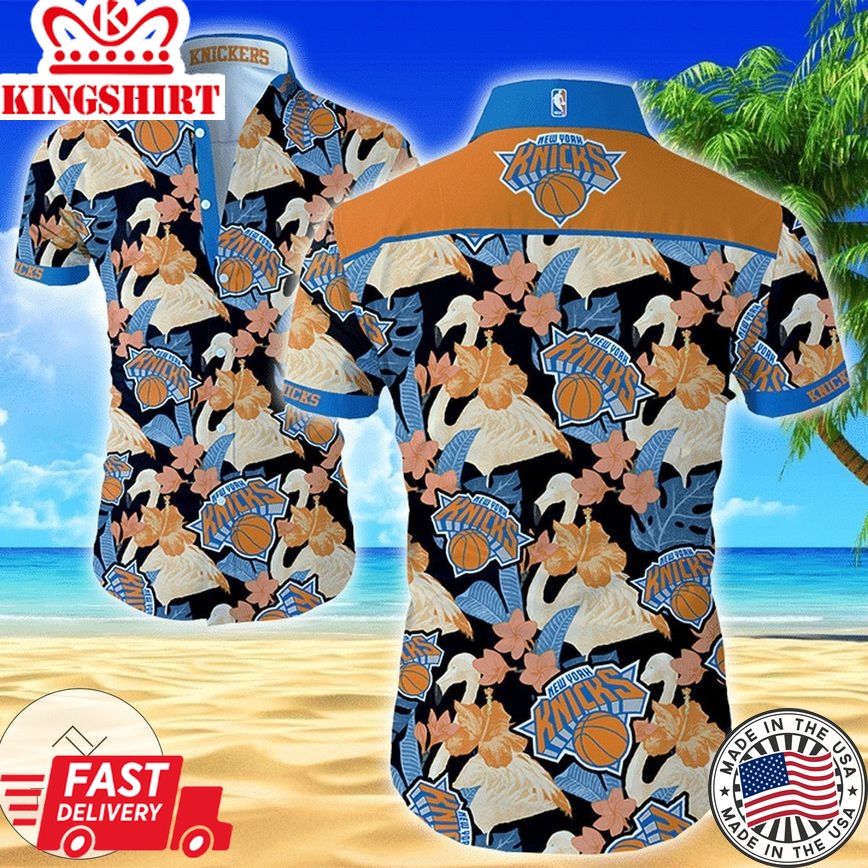 Nba New York Knicks Orange Blue Hibiscus Tropical Flowers Trendy Hawaiian Shirt Aloha Shirt