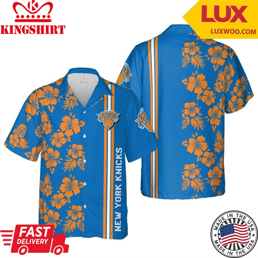 Nba New York Knicks Orange Blue Hibiscus Tropical Flowers Trendy Hawaiian Shirt V2 Aloha Shirt