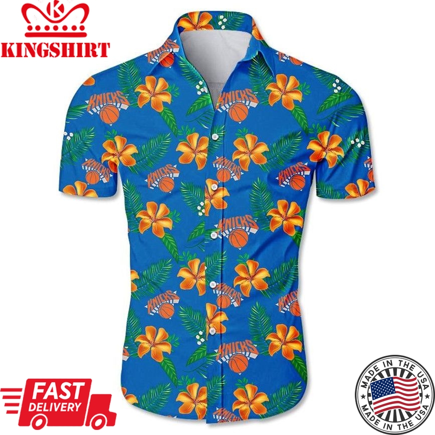 Nba New York Knicks Orange Blue Tropical Flowers Trendy Hawaiian Shirt Aloha Shirt