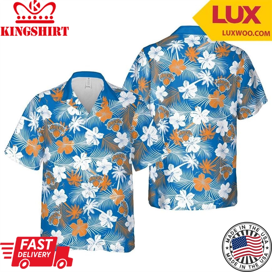 Nba New York Knicks Orange White Hibiscus Tropical Floweers Trendy Hawaiian Shirt Aloha Shirt