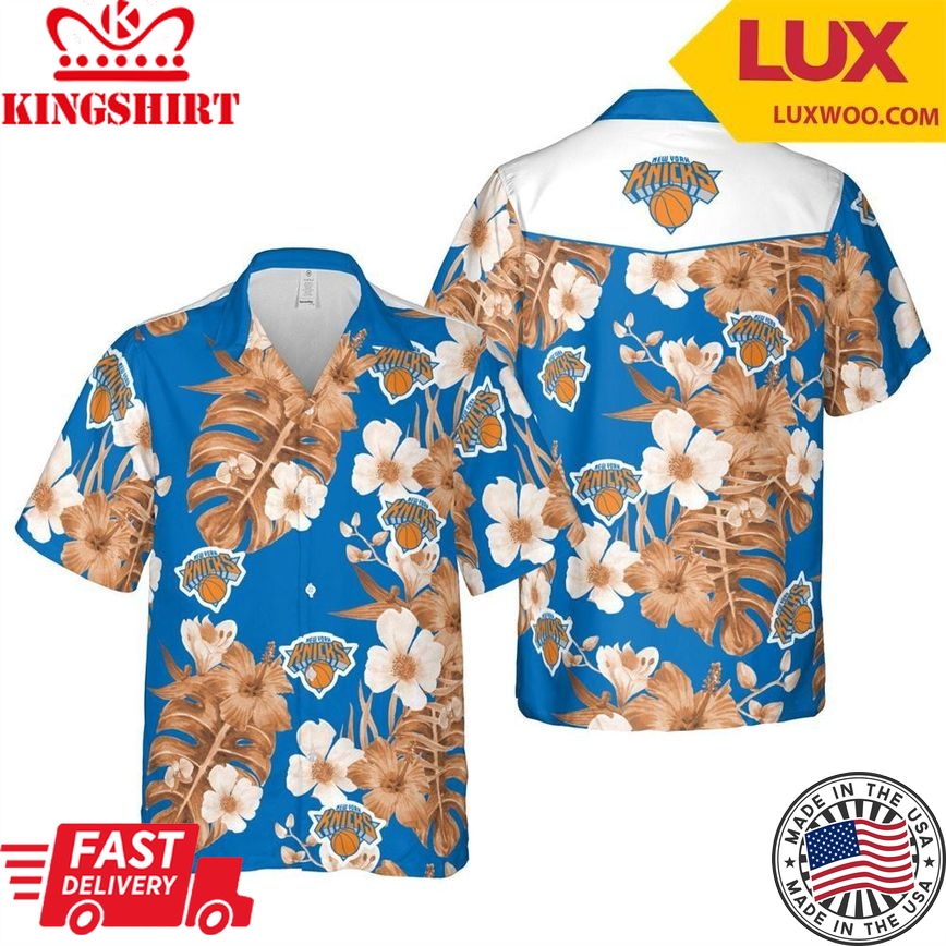 Nba New York Knicks White Orange Tropical Flowers Trendy Hawaiian Shirt V2 Aloha Shirt