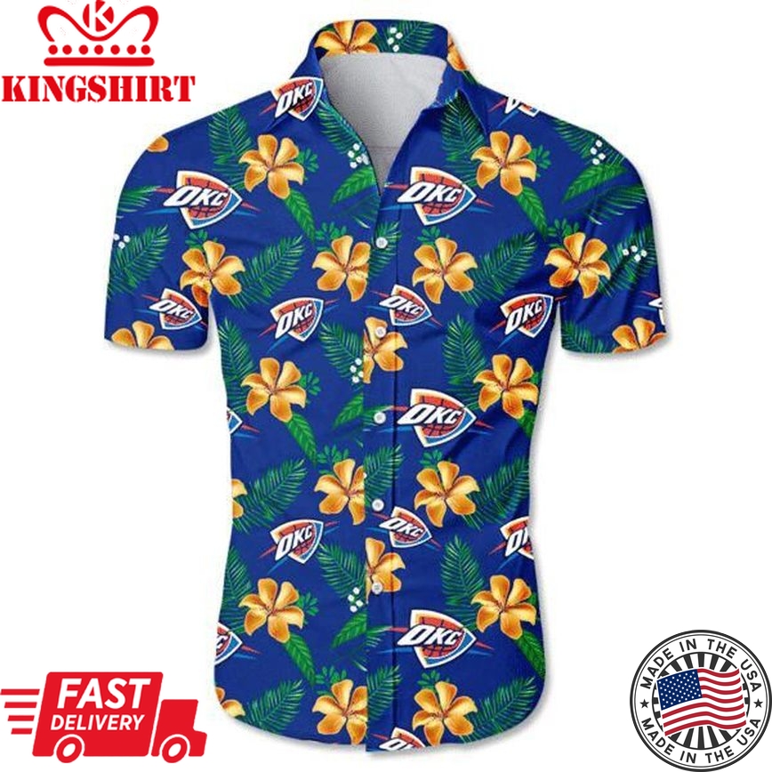 Nba Oklahoma City Thunder Gold Hibiscus Green Leaves Trendy Hawaiian Shirt Aloha Shirt