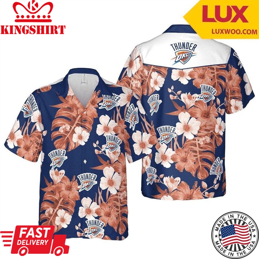 Nba Oklahoma City Thunder White Hibiscus Orange Leaves Trendy Hawaiian Shirt Aloha Shirt