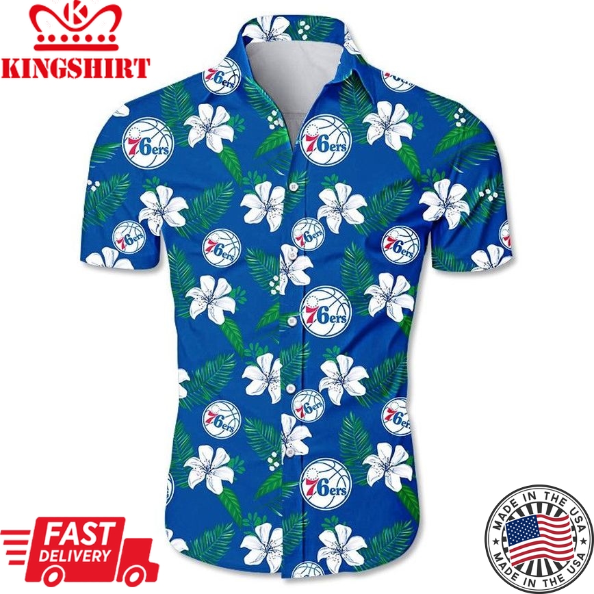 Nba Philadelphia 76Ers White Hibiscus Flowers Green Leaves Trendy Hawaiian Shirt Aloha Shirt