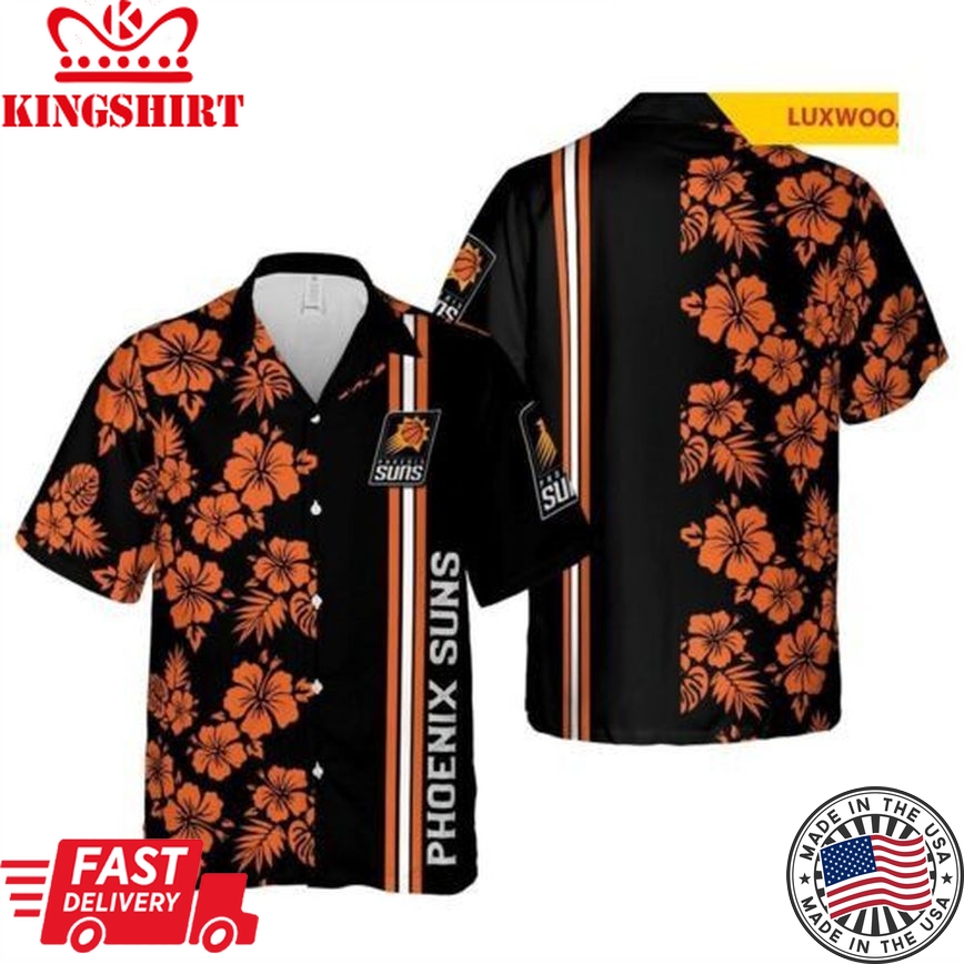 Nba Phoenix Suns Orange Black Tropical Flowers Trendy Hawaiian Shirt Aloha Shirt