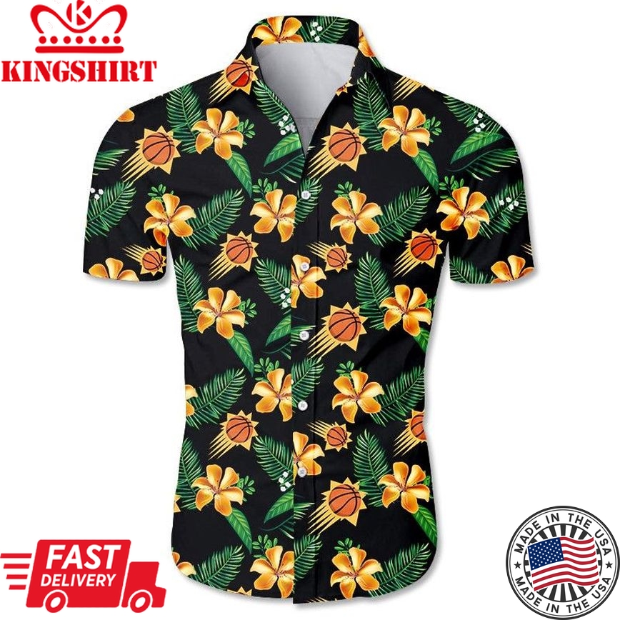 Nba Phoenix Suns Orange Hibiscus Flowers Green Leaves Trendy Hawaiian Shirt Aloha Shirt