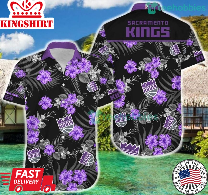 Nba Sacramento Kings Purple Black Tropical Flowers Trendy Hawaiian Shirt Aloha Shirt