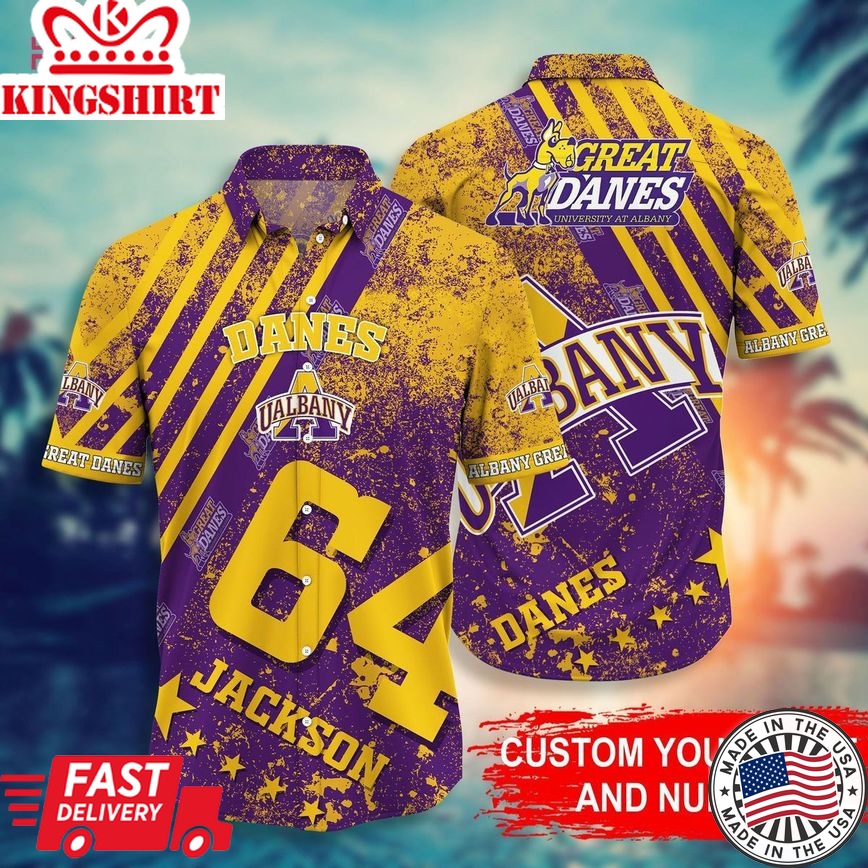 Ncaa Albany Great Danes Custom Name Number Gold Trendy Hawaiian Shirt Aloha Shirt