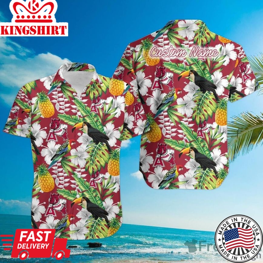 Ncaa Arkansas Razorbacks Custom Name Parrot Floral Tropical Trendy Hawaiian Shirt Aloha Shirt