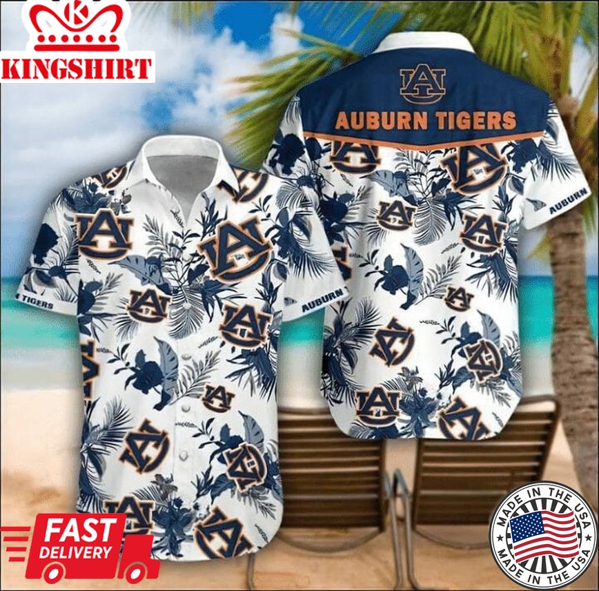 Ncaa Auburn Tigers Blue Flowers White Trendy Hawaiian Shirt Aloha Shirt