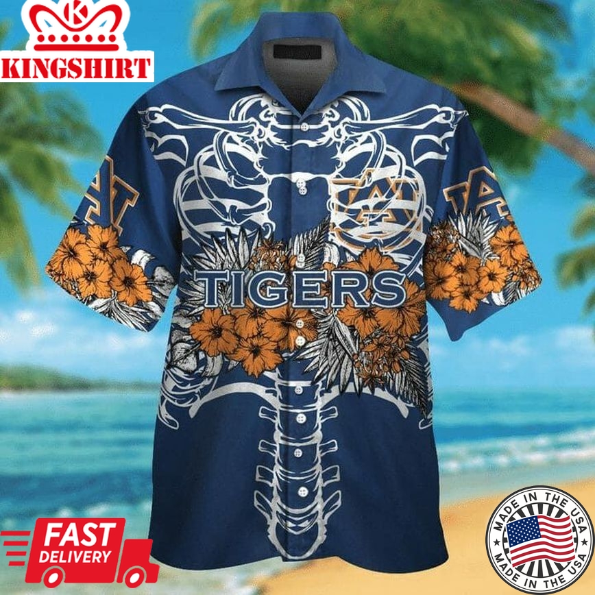 Ncaa Auburn Tigers Orange Flowers Blue Trendy Hawaiian Shirt Aloha Shirt