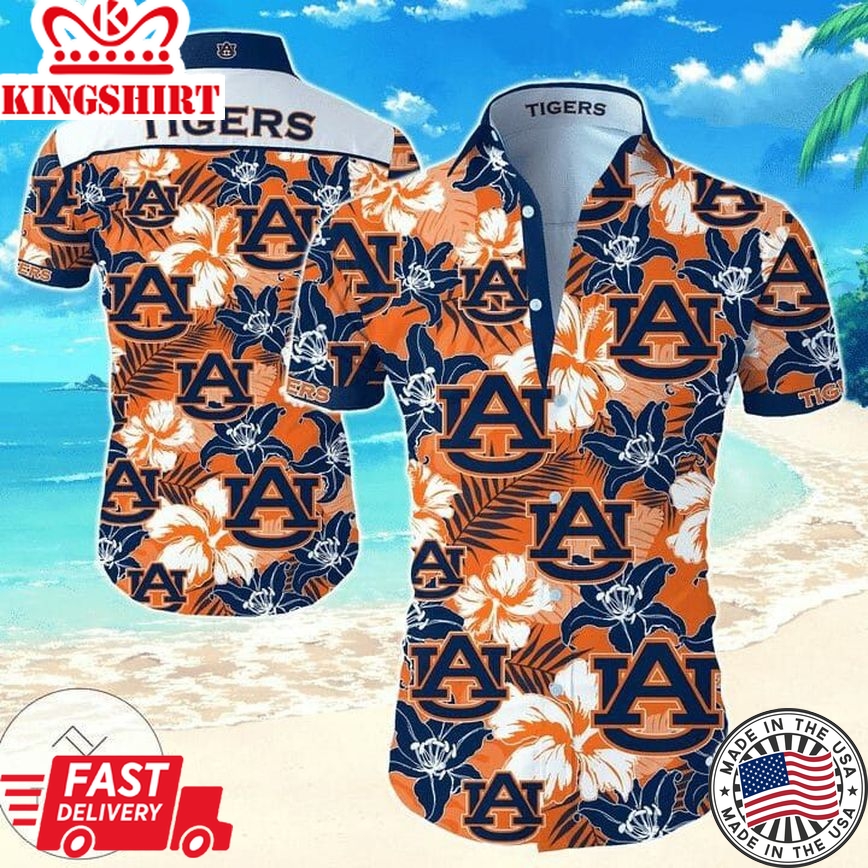 Ncaa Auburn Tigers Orange Flowers Blue Trendy Hawaiian Shirt V2 Aloha Shirt