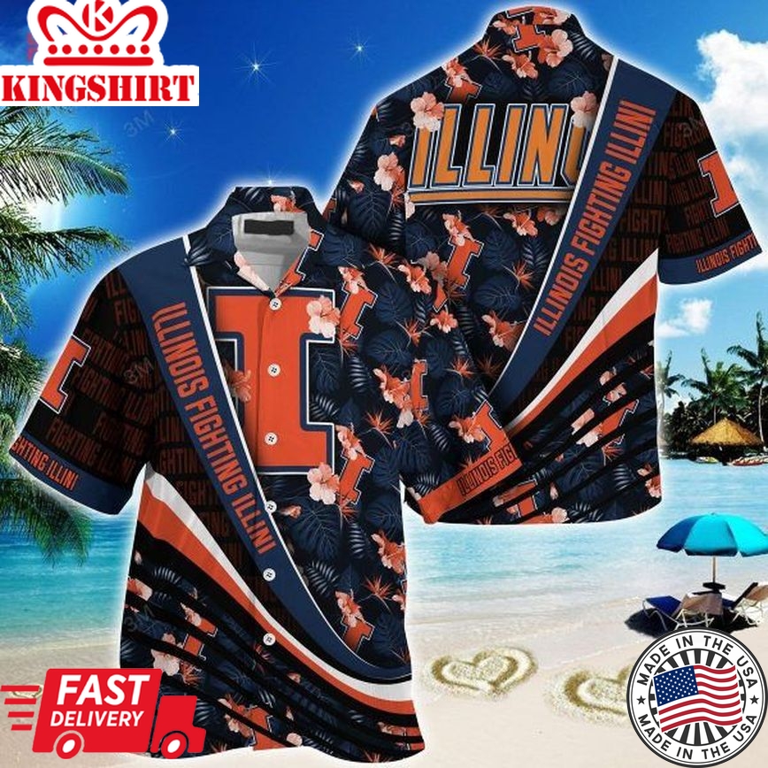 Ncaa Illinois Fighting Illini Blue Black Trendy Hawaiian Shirt Aloha Shirt