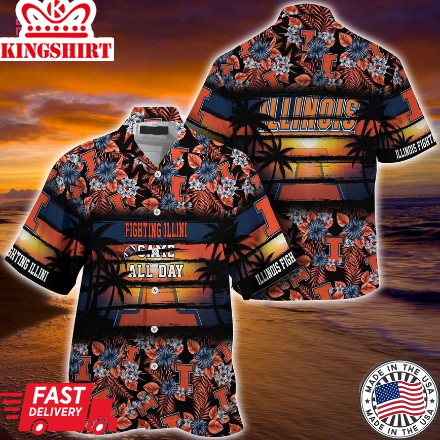 Ncaa Illinois Fighting Illini Orange Blue Flowers Trendy Hawaiian Shirt Aloha Shirt