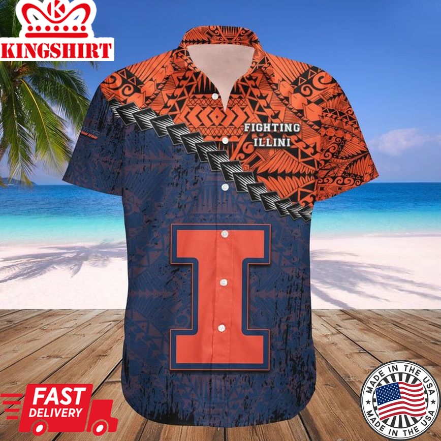 Ncaa Illinois Fighting Illini Orange Blue Trendy Hawaiian Shirt V2 Aloha Shirt