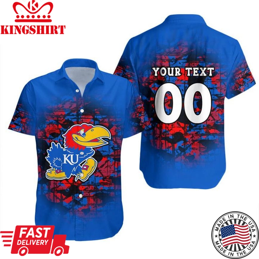 Ncaa Kansas Jayhawks Custom Text Number Blue Red Trendy Hawaiian Shirt V2 Aloha Shirt