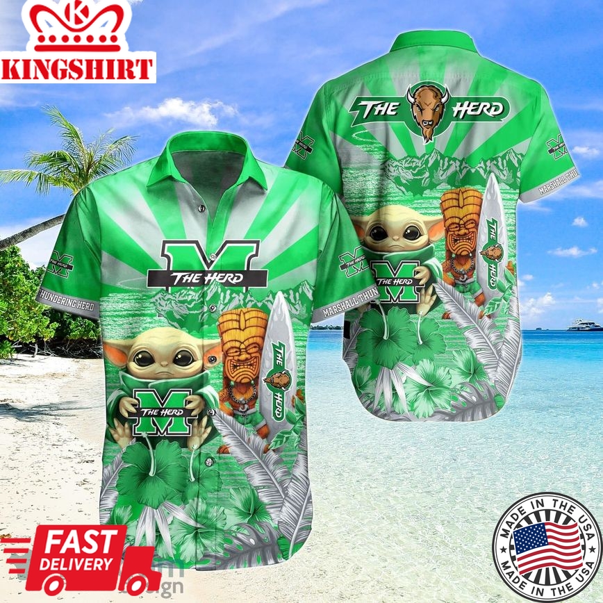 Ncaa Marshall Thundering Herd Baby Yoda Tiki Flower Trendy Hawaiian Shirt Aloha Shirt