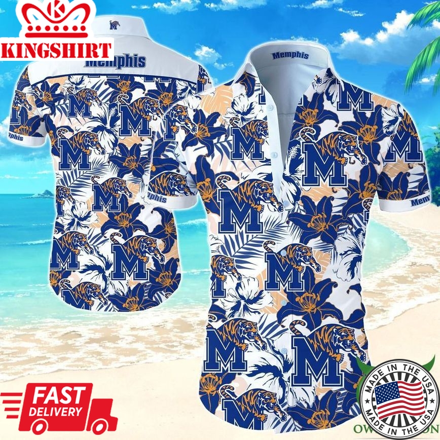 Ncaa Memphis Tigers White Blue Tropical Flowers Trendy Hawaiian Shirt Aloha Shirt