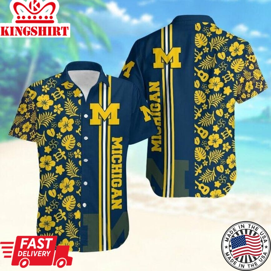 Ncaa Michigan Wolverines Maize Flowers Blue Trendy Hawaiian Shirt Aloha Shirt