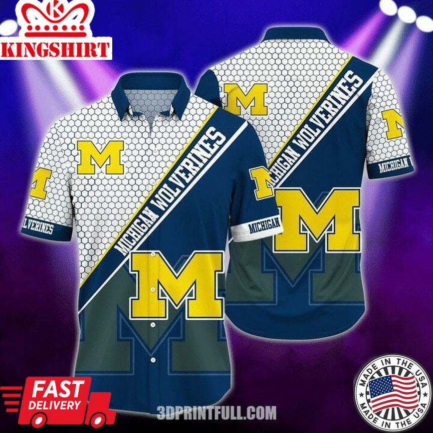 Ncaa Michigan Wolverines Navy Blue White Trendy Hawaiian Shirt Aloha Shirt