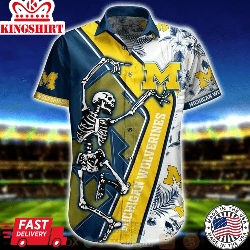 Ncaa Michigan Wolverines Skellington Maize White Trendy Hawaiian Shirt Aloha Shirt