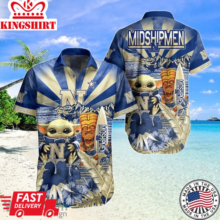 Ncaa Navy Midshipmen Baby Yoda Tiki Flower Trendy Hawaiian Shirt Aloha Shirt