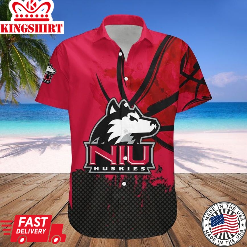 Ncaa Northern Illinois Huskies Custom Text Number Red Black Trendy Hawaiian Shirt V4 Aloha Shirt