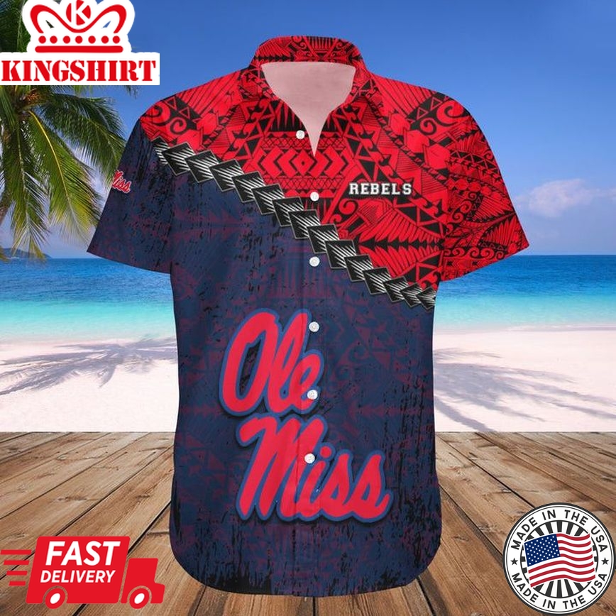 Ncaa Ole Miss Rebels Red Blue Grunge Polynesian Trendy Hawaiian Shirt Aloha Shirt