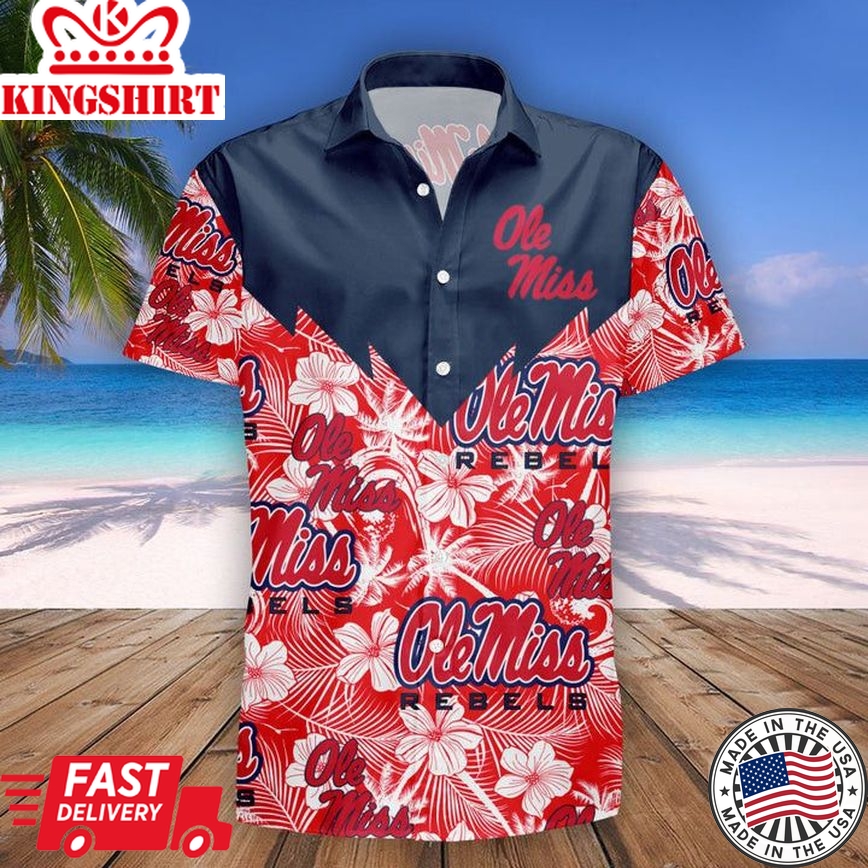 Ncaa Ole Miss Rebels Red Tropical Flowers Blue Trendy Hawaiian Shirt Aloha Shirt