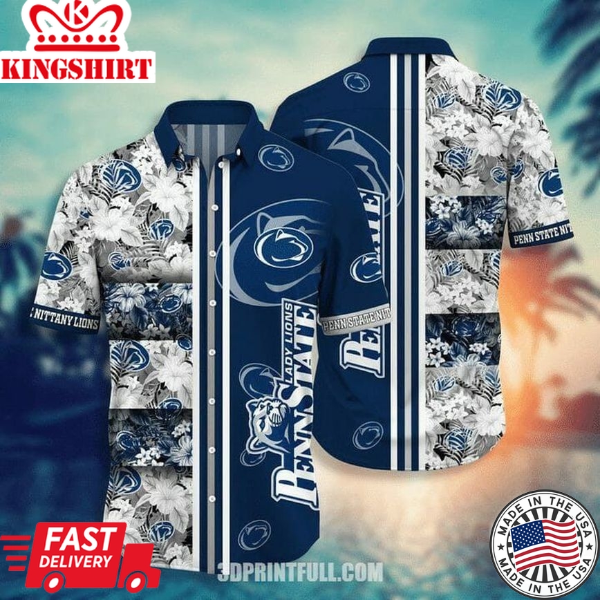 Ncaa Penn State Nittany Lions White Flowers Blue Trendy Hawaiian Shirt V3 Aloha Shirt