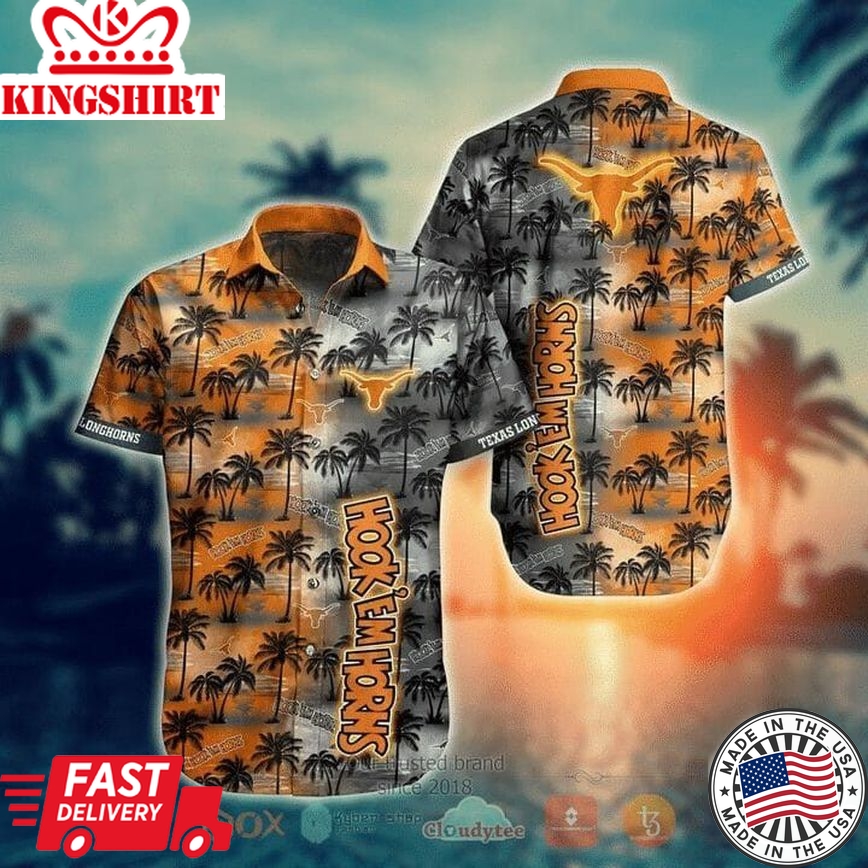 Ncaa Texas Longhorns Coconut Tree Orange Grey Trendy Hawaiian Shirt Aloha Shirt