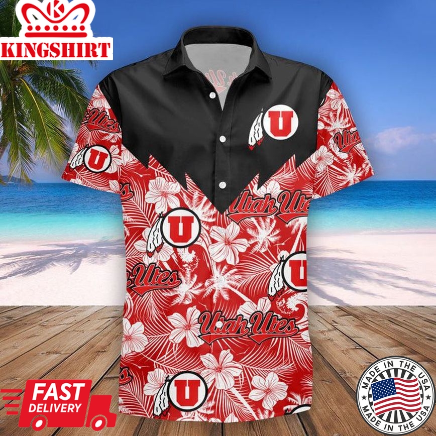 Ncaa Utah Utes Flower Tropical Red Black Trendy Hawaiian Shirt Aloha Shirt