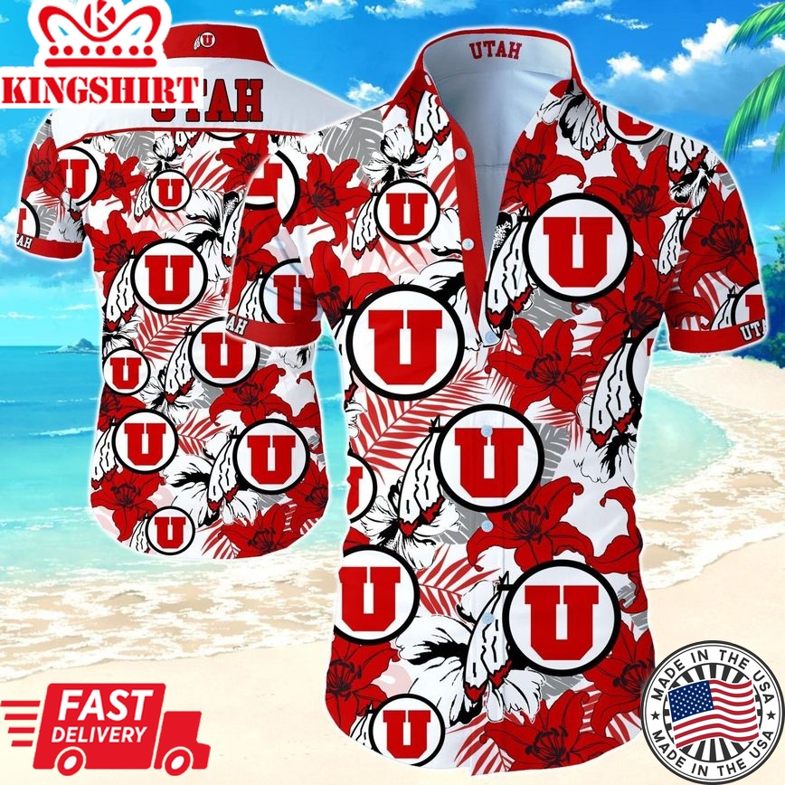 Ncaa Utah Utes Red White Tropical Flowers Trendy Hawaiian Shirt Aloha Shirt