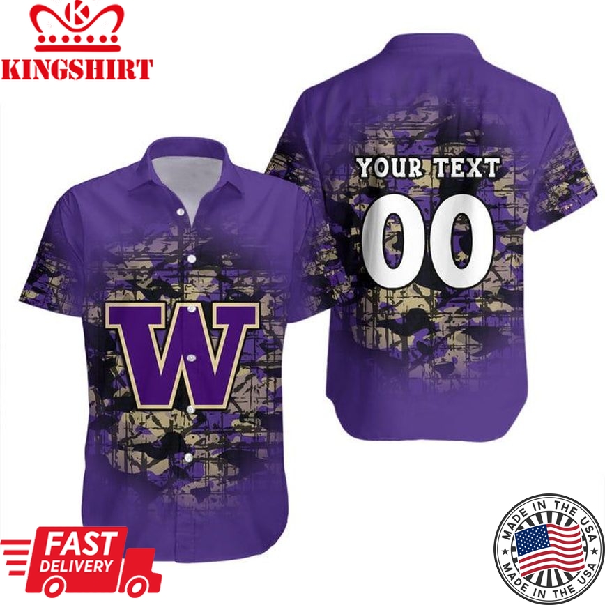 Ncaa Washington Huskies Custom Text Number Purple Gold Trendy Hawaiian Shirt V5 Aloha Shirt